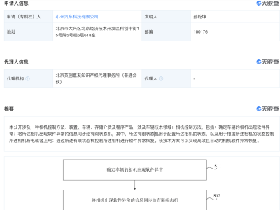 小米汽车新专利曝光，自动恢复相机软件异常？