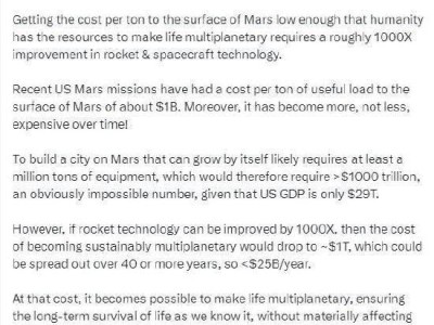 马斯克：开发火星，火箭技术需提升千倍？