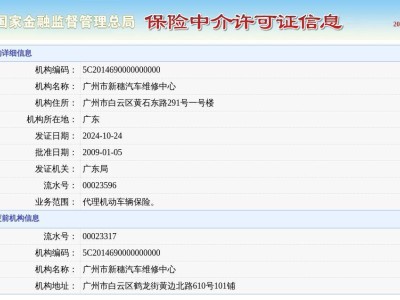 广州市新穗汽车维修中心保险中介许可证，2024年新证换发