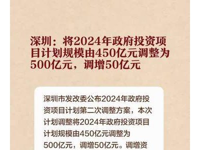 深圳：将2024年政府投资项目计划规模由450亿元调整为500亿元，调增50亿元