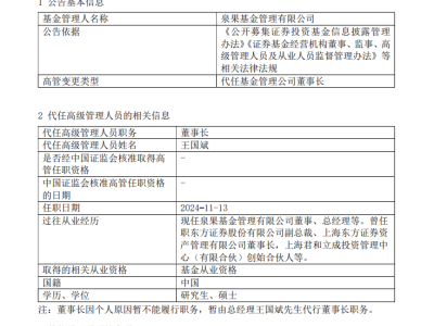 泉果基金董事长传失联，公司：因个人原因暂不能履职，业务正常