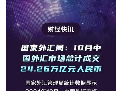 国家外汇局：10月中国外汇市场总计成交24.26万亿元人民币