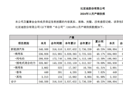 11月汽车销量盘点：比亚迪领跑，新势力品牌月销过万成常态