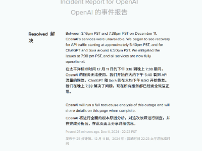 ChatGPT全球宕机4小时余，OpenAI：服务已全面恢复，故障原因待分析