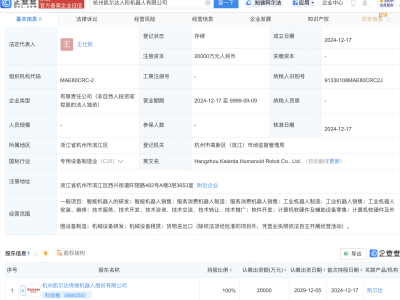 凯尔达杭州新设人形机器人公司，注册资本高达2亿