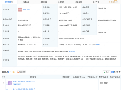 中广核技等在西藏成立科技公司，含民用核材料生产业务