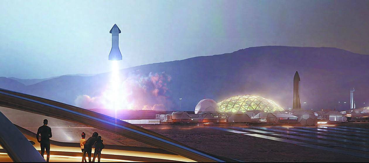 SpaceX设想在火星上建立城市的模拟图