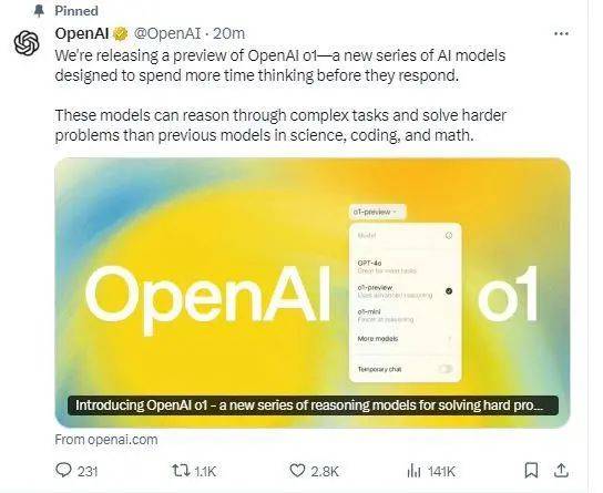 OpenAI在社交媒体官宣发布o1模型