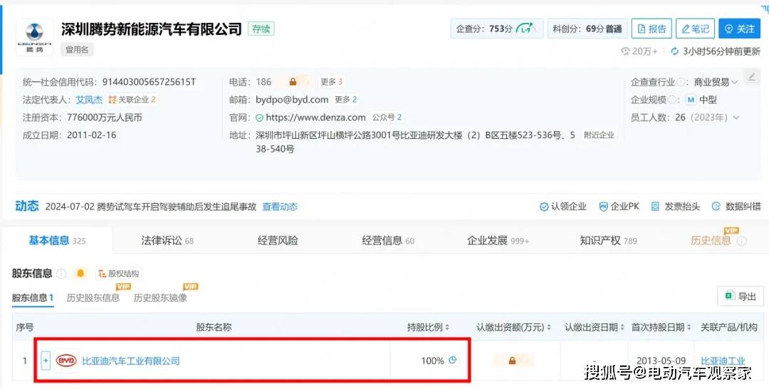 腾势汽车股东信息，比亚迪控股比例100%