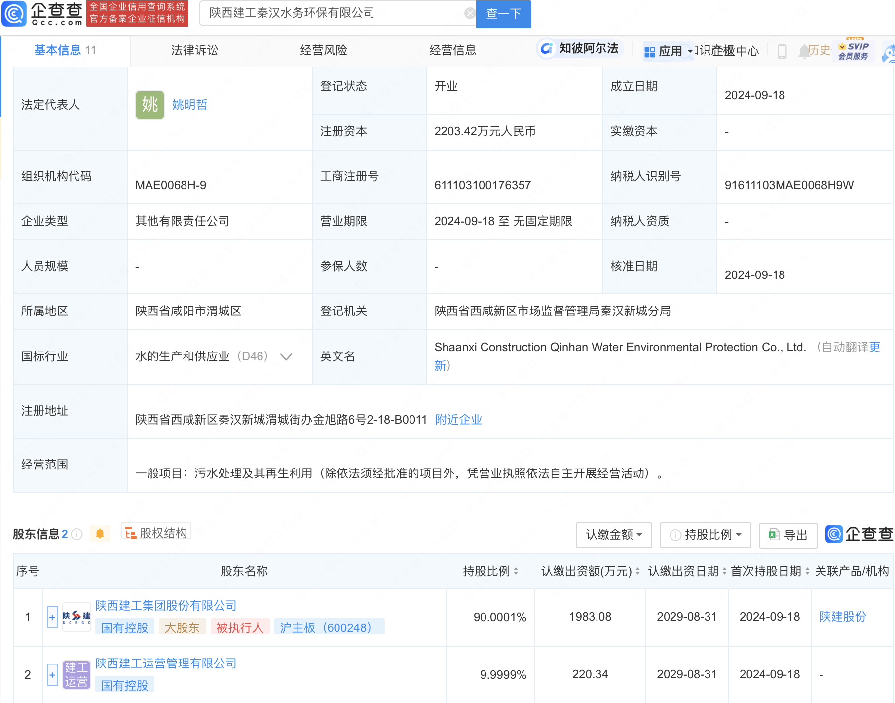 陕西建工秦汉水务环保有限公司股权结构