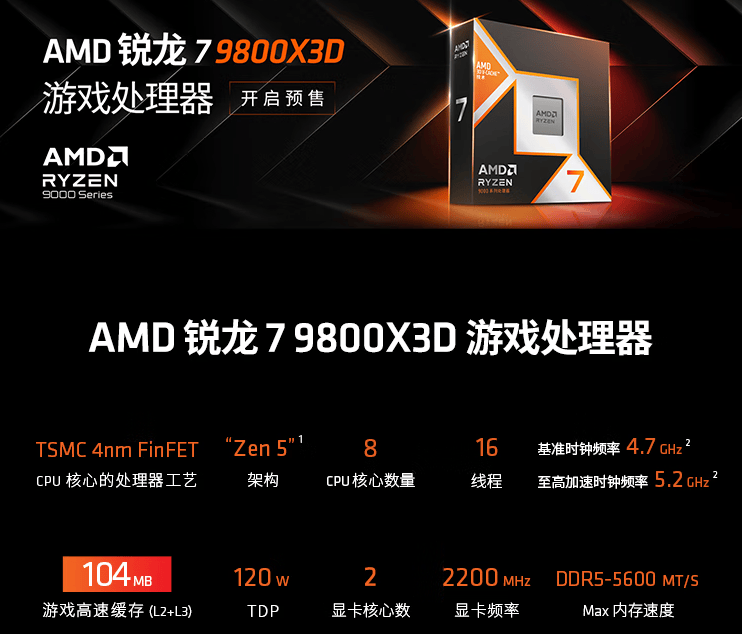 AMD锐龙7 9800<i></i>X3D处理器