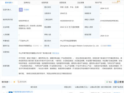 西部建设于广东中山成立新子公司，注册资本达2500万元