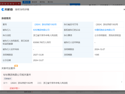 杉杉集团6.3亿股权遭冻结，中静四海成被执行企业