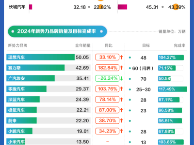 2024车企销量比拼：比亚迪夺冠，多家新势力目标完成度差异大