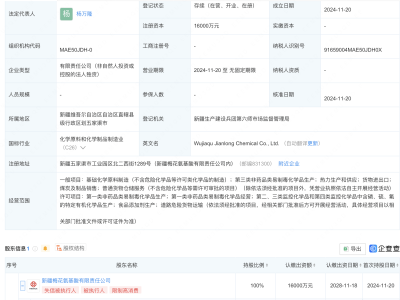 梅花生物全额投资，五家渠建龙化工有限公司成立，注册资本高达1.6亿