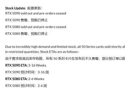 RTX 50系列显卡供应紧张，RTX 5090预定需等数月