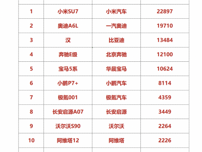 1月中大型轿车市场：小米SU7异军突起，奥迪A6L、比亚迪汉紧随其后