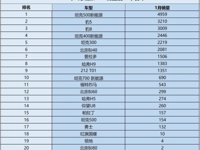 1月硬派越野销量榜出炉：无一破五千，新能源车型崛起势头猛