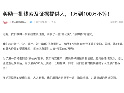 比亚迪重拳出击“黑公关”，百万悬赏征集线索捍卫品牌尊严