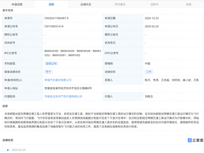 奇瑞汽车公布陆空两栖车专利：飞行行驶模式自由切换监控全面