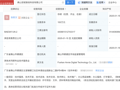 安妮股份新动作：佛山成立安妮数码科技有限公司