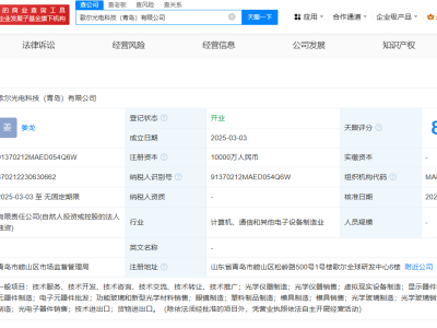 歌尔光学在青岛成立光电科技公司  注册资本1亿