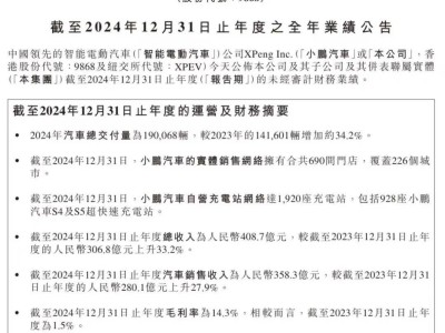 小鹏汽车2024年财报大放异彩，总收入跃升至408.7亿元！