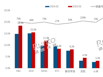 2025年2月电竞显示器线上热卖，HKC领跑市场，小米跻身前十