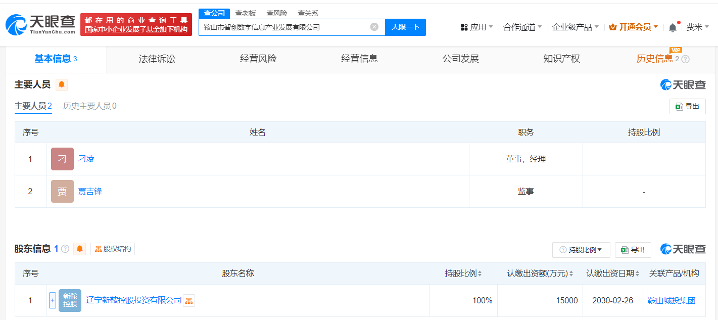 鞍山市智创数字信息产业发展有限公司股权结构